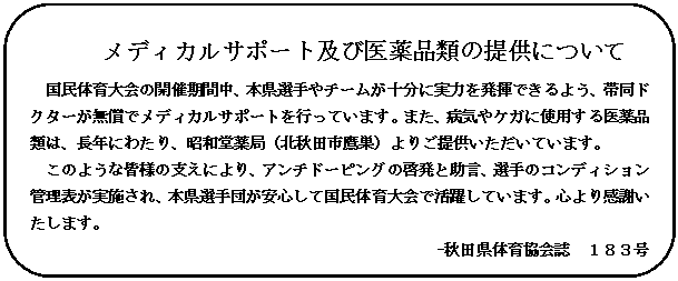 角丸四角形: メディカルサポート及び医薬品類の提供について
国民体育大会の開催期間中、本県選手やチームが十分に実力を発揮できるよう、帯同ドクターが無償でメディカルサポートを行っています。また、病気やケガに使用する医薬品類は、長年にわたり、昭和堂薬局（北秋田市鷹巣）よりご提供いただいています。
このような皆様の支えにより、アンチドーピングの啓発と助言、選手のコンディション管理表が実施され、本県選手団が安心して国民体育大会で活躍しています。心より感謝いたします。
-秋田県体育協会誌　１８３号より-
