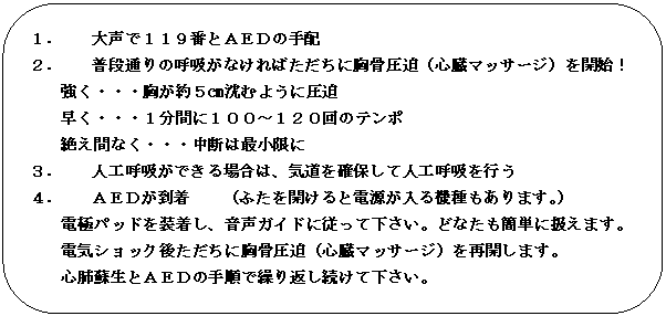 角丸四角形: １．	大声で１１９番とＡＥＤの手配
２．	普段通りの呼吸がなければただちに胸骨圧迫（心臓マッサージ）を開始！
強く・・・胸が約５㎝沈むように圧迫
早く・・・１分間に１００～１２０回のテンポ
絶え間なく・・・中断は最小限に
３．	人工呼吸ができる場合は、気道を確保して人工呼吸を行う
４．	ＡＥＤが到着　　（ふたを開けると電源が入る機種もあります。）　　　　　　　　　　　電極パッドを装着し、音声ガイドに従って下さい。どなたも簡単に扱えます。
電気ショック後ただちに胸骨圧迫（心臓マッサージ）を再開します。
心肺蘇生とＡＥＤの手順で繰り返し続けて下さい。
